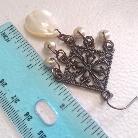 Sleek Chic Robust Feminine Girly Elegant Rustic Copper & MOP + Pearl Earrings - Picture 10 of 11